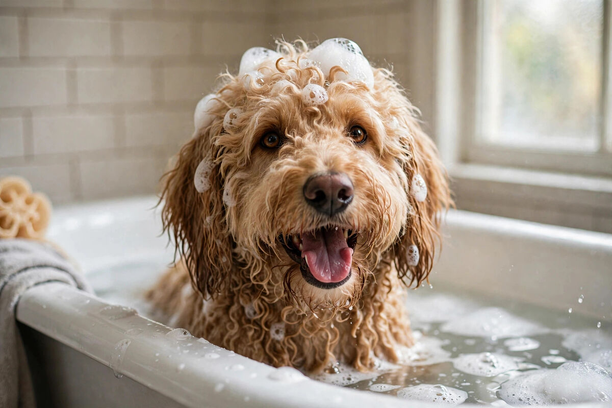 Curly dog smiling in a bubble bath